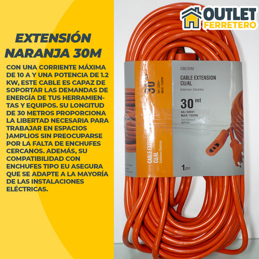 Alargador Eléctrico 30 Metros 10a Extension Hogar Naranja