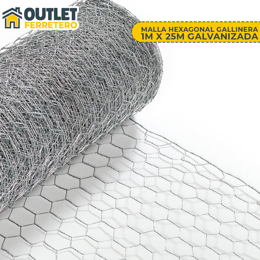 Malla Gallinera 1 M Alto X 25mts Largo Galvanizada Hexagonal