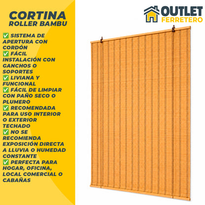 Cortina Roller de Bambú 120x200 Cm Persiana Enrollable Natural