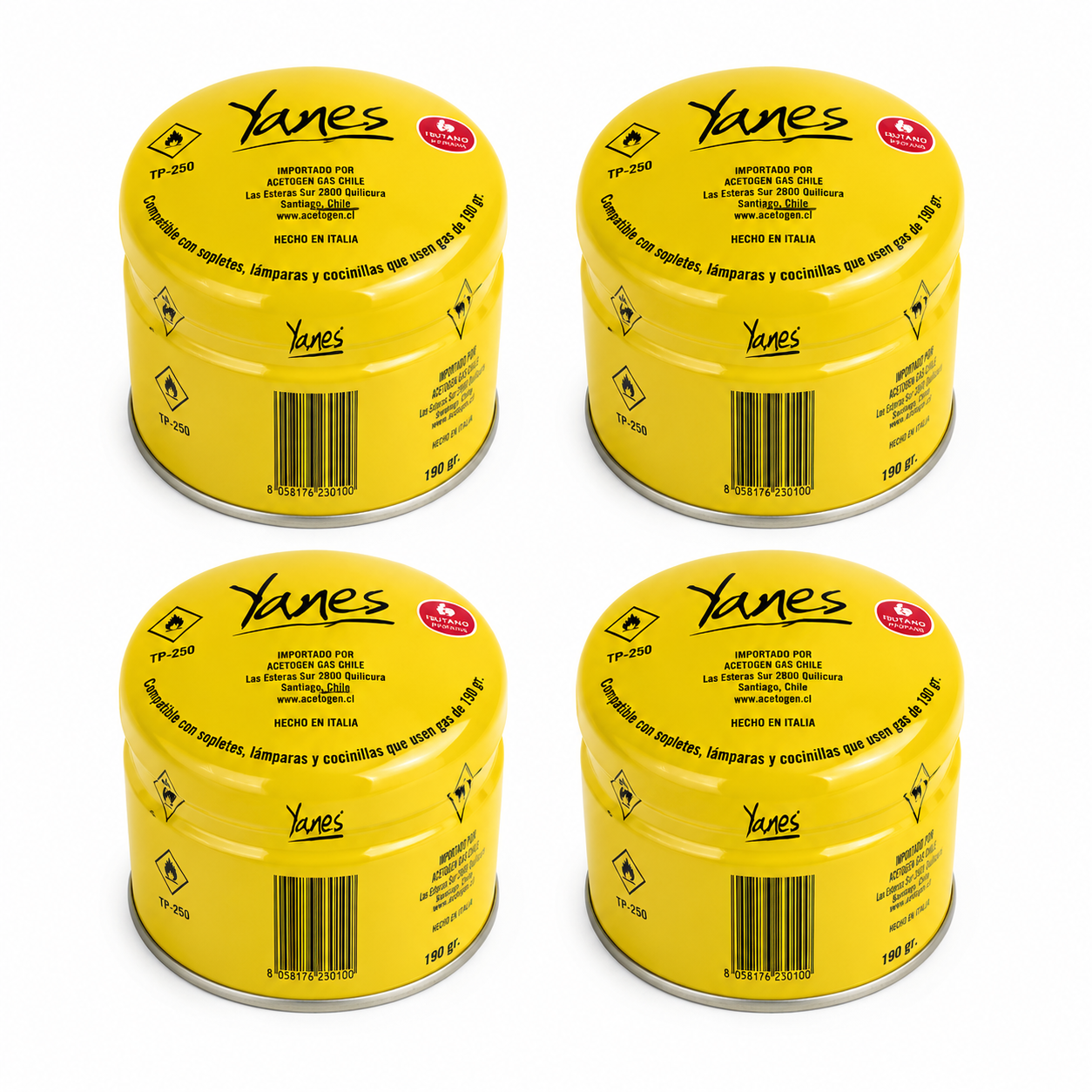 Gas Butano Yanes 190 Grs Cartucho con Válvula de Seguridad | Pack 1 a 36 Unidades