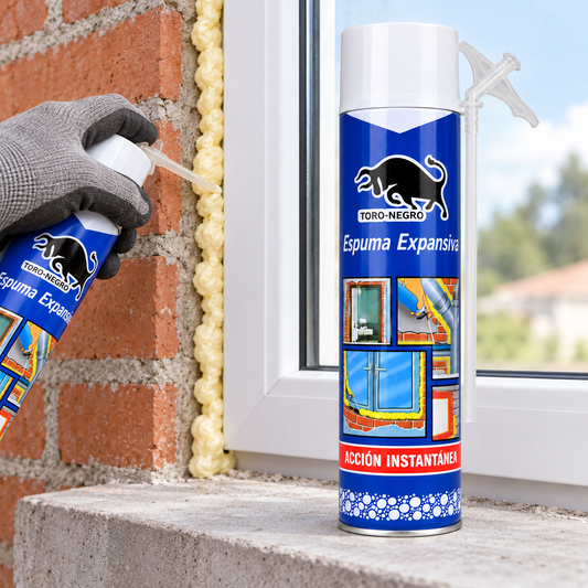 Aplicación de espuma expansiva de poliuretano 750 ml en obra: mano con guante sellando la junta entre muro de ladrillo y marco de ventana, con el cordón de espuma curada a la vista