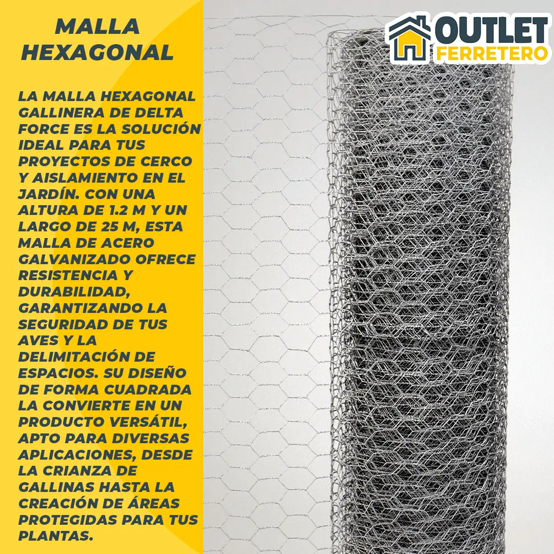 Malla Gallinera Hexagonal 1.2mts Alto X 25mt Largo Acero Gris