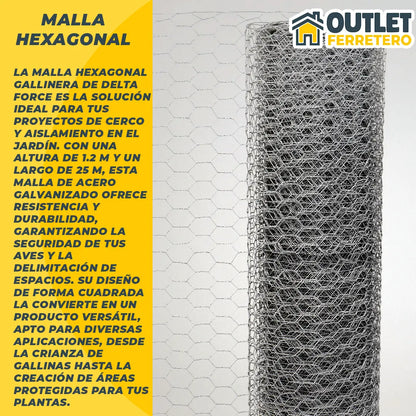 Malla Gallinera Hexagonal 1.2mts Alto X 25mt Largo Acero Gris