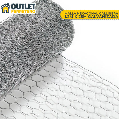 Malla Gallinera Hexagonal 1.2mts Alto X 25mt Largo Acero Gris