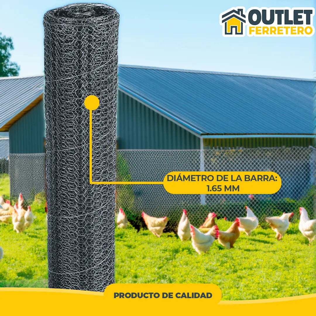 Malla Gallinera Hexagonal 1.2mts Alto X 25mt Largo Acero Gris