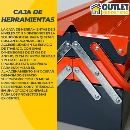 Caja de Herramientas 3 Niveles Desplegable 5 Compartimentos 53x21x21 Cm