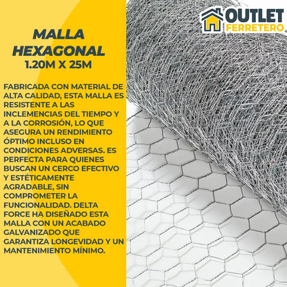 Malla Gallinera Hexagonal 1.2mts Alto X 25mt Largo Acero Gris