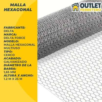 Malla Gallinera Hexagonal 1.2mts Alto X 25mt Largo Acero Gris