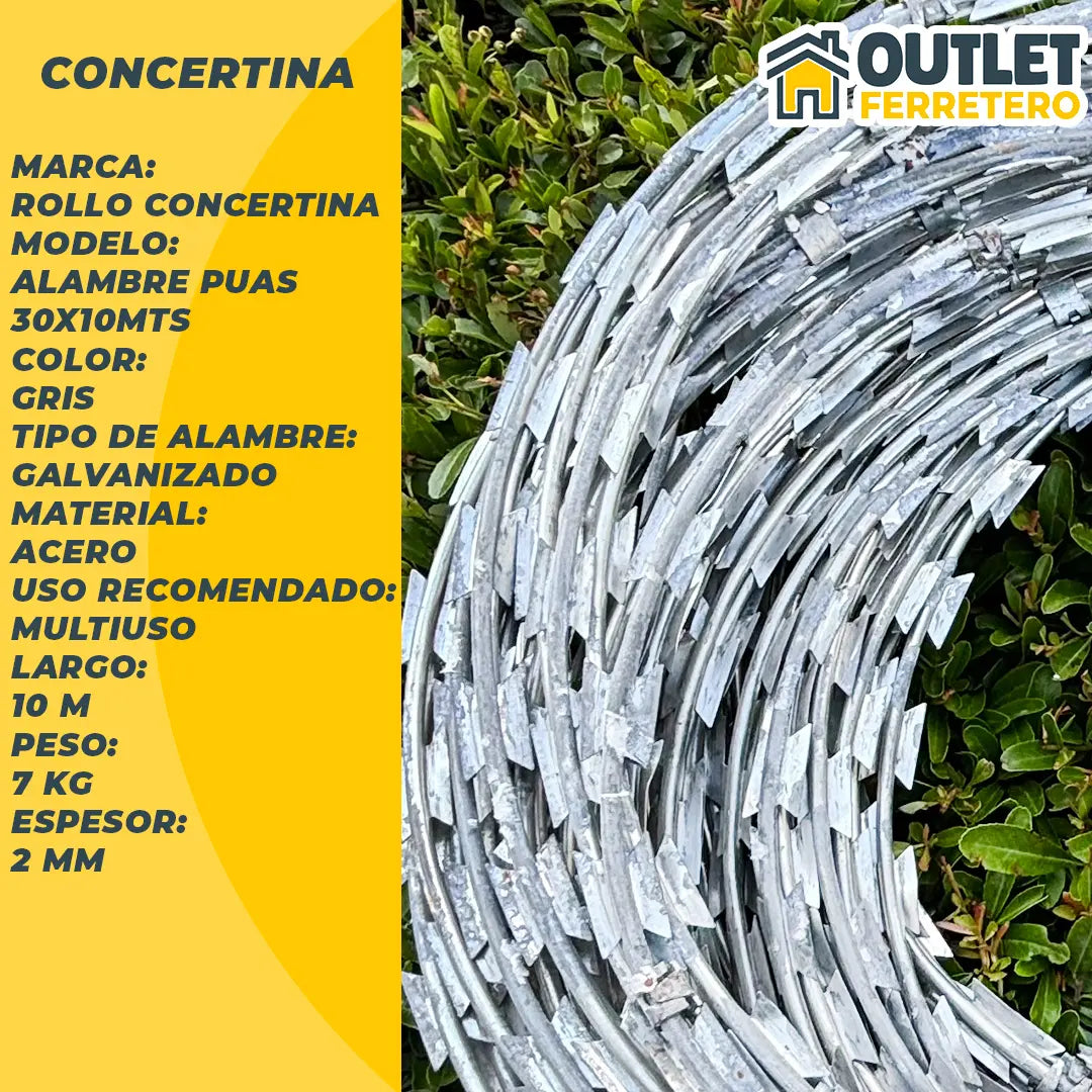 Rollo Alambre Puas Concertina Galvanizado 10mts 30cm