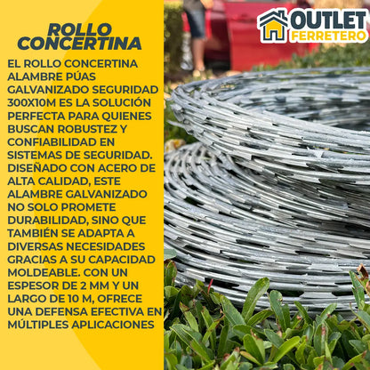 Rollo Alambre Puas Concertina Galvanizado 10mts 30cm