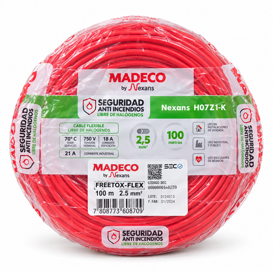 Cable Libre de Halógeno 2,5 mm Rojo Flexible Rollo 100 m Certificado
