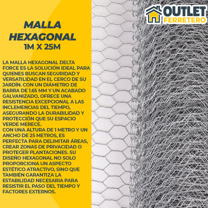 Malla Gallinera 1 M Alto X 25mts Largo Galvanizada Hexagonal