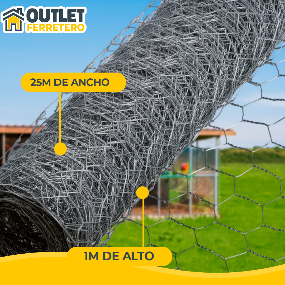 Malla Gallinera 1 M Alto X 25mts Largo Galvanizada Hexagonal