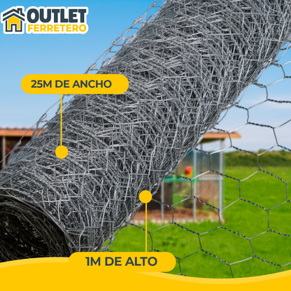 Malla Gallinera 1 M Alto X 25mts Largo Galvanizada Hexagonal