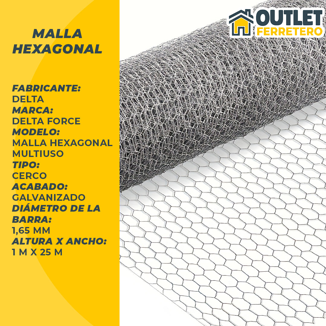 Malla Gallinera 1 M Alto X 25mts Largo Galvanizada Hexagonal