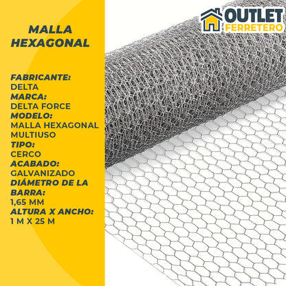 Malla Gallinera 1 M Alto X 25mts Largo Galvanizada Hexagonal