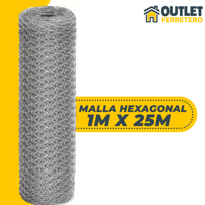 Malla Gallinera 1 M Alto X 25mts Largo Galvanizada Hexagonal