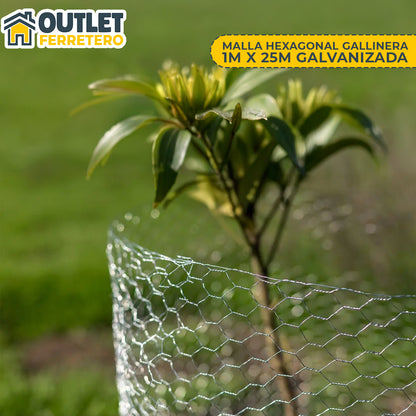 Malla Gallinera 1 M Alto X 25mts Largo Galvanizada Hexagonal