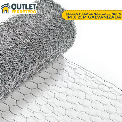 Malla Gallinera 1 M Alto X 25mts Largo Galvanizada Hexagonal